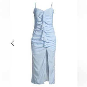 LIKELY Sallie Printed Draped Ruffle Dress In Blue Bell